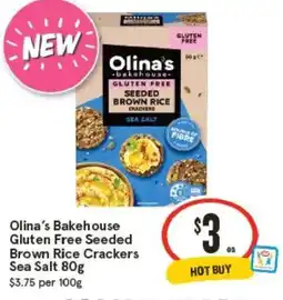 IGA Olina's Bakehouse Gluten Free Seeded Brown Rice Crackers Sea Salt offer