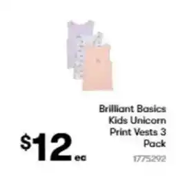 BIG W Brilliant basics kids unicorn print vests 3 pack offer