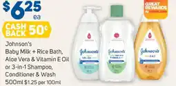 Foodland Johnson's baby milk + rice bath, aloe vera & vitamin e oil or 3-in-1 Shampoo, Conditioner & Wash offer
