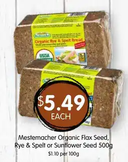 Spudshed Mestemacher organic flax seed, rye & spelt or sunflower seed offer