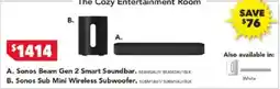 Harvey Norman Sonos beam gen 2 smart soundbar, sonos sub mini wireless subwoofer offer