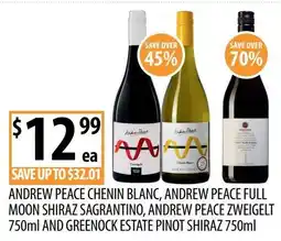 Supabarn Andrew peace chenin blanc, andrew peace full moon shiraz sagrantino, andrew peace zweigelt and greenock estate pinot shiraz offer