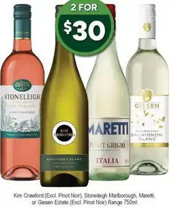 Bottler Kim Crawford (Excl. Pinot Noir), Stoneleigh Marlborough, Maretti, or Giesen Estate (Excl. Pinot Noir) Range offer