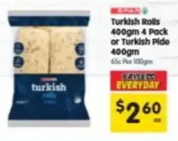Spar Turkish rolls 400gm 4 pack or turkish pide offer