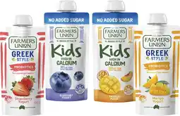 Coles Farmers Union Greek Style or Kids No Added Sugar Yogurt Pouch 130g offer