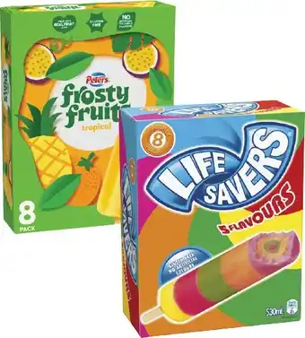 Coles Peters Frosty Fruits Sticks or Lifesavers Icy Poles 6 Pack-8 Pack 420mL-600mL offer