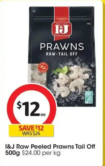 Coles I&J Raw Peeled Prawns Tail Off offer