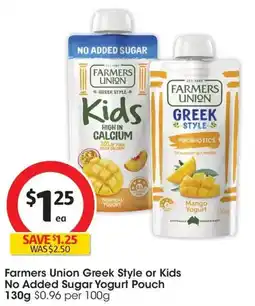 Coles Farmers Union Greek Style or Kids No Added Sugar Yogurt Pouch offer