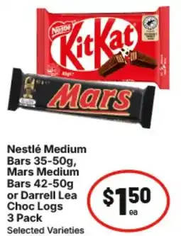 IGA Nestlé Medium Bars, Mars Medium Bars or Darrell Lea Choc Logs offer