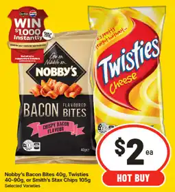 IGA Nobby's Bacon Bites, Twisties, or Smith's Stax Chips offer