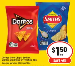 IGA Doritos Corn Chips, Smith's Crinkle Cut Chips or Twisties offer