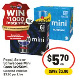 IGA Pepsi, Solo or Schweppes Mini Cans offer