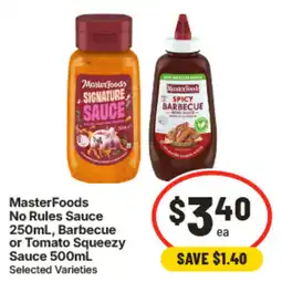 IGA MasterFoods No Rules Sauce, Barbecue or Tomato Squeezy Sauce offer