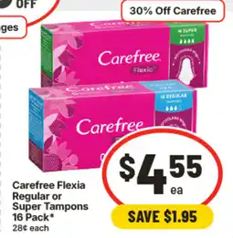 IGA Carefree Flexia Regular or Super Tampons offer