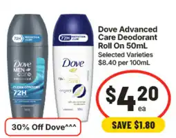 IGA Dove Advanced Care Deodorant Roll On offer