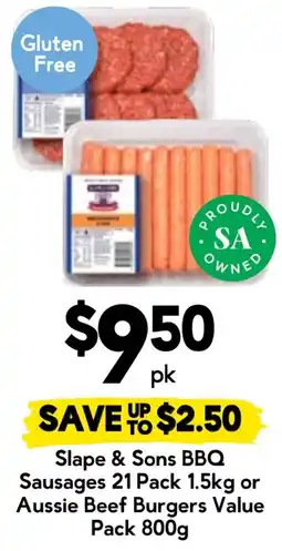 Drakes Slape & Sons BBQ Sausages or Aussie Beef Burgers Value Pack offer