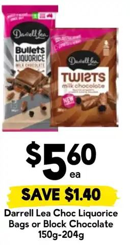Drakes Darrell Lea Choc Liquorice Bags or Block Chocolate offer