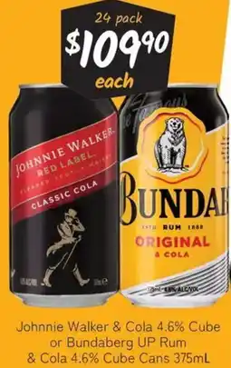 Cellarbrations Johnnie Walker & Cola 4.6% Cube or Bundaberg UP Rum & Cola 4.6% Cube Cans offer