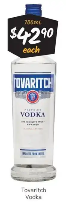 Cellarbrations Tovaritch Vodka offer