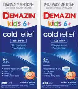 Discount Drug Stores Demazin Kids 6+ Cold Relief Blue Syrup Peach & Vanilla Flavour offer