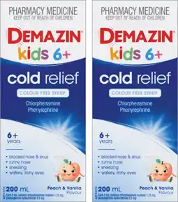 Discount Drug Stores Demazin Kids 6+ Cold Relief Colour Free Syrup Peach & Vanilla Flavour offer