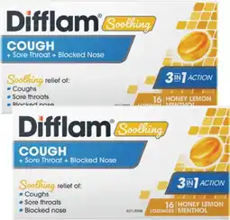 Discount Drug Stores Difflam Soothing Cough + Sore Throat + Blocked Nose Honey Lemon Menthol 16 Lozenges offer