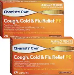 Discount Drug Stores Chemists' Own Cough, Cold & Flu Relief PE 24 Capsules offer