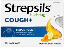 Discount Drug Stores Strepsils Herbal Cough+ Triple Relief Honey Lemon Flavour 16 Lozenges offer