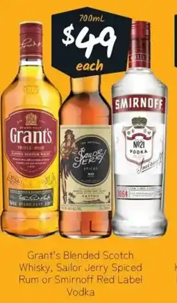 Cellarbrations Grant's Blended Scotch Whisky, Sailor Jerry Spiced Rum or Smirnoff Red Label Vodka offer