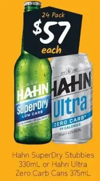Cellarbrations Hahn SuperDry Stubbies or Hahn Ultra Zero Carb Cans offer