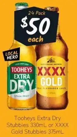 Cellarbrations Tooheys Extra Dry Stubbies or XXXX Gold Stubbies offer