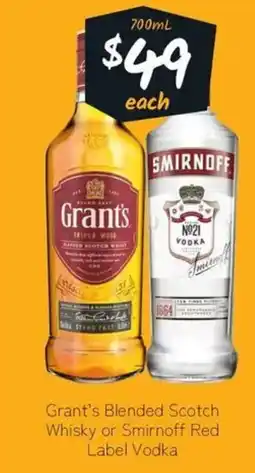 Cellarbrations Grant's Blended Scotch Whisky or Smirnoff Red Label Vodka offer
