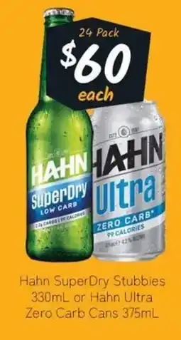 Cellarbrations Hahn SuperDry Stubbies or Hahn Ultra Zero Carb Cans offer
