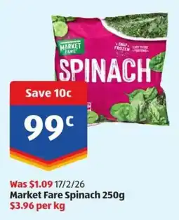 ALDI Market Fare SpinachSNAP EASY T FROZEN FONS per kg offer