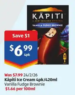 ALDI Kāpiti Ice Cream 4pk Vanilla Fudge Brownie offer