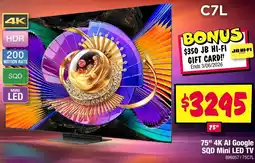 JB Hi-Fi 75" 4K AI Google SQD Mini LED TV offer