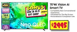 JB Hi-Fi 75"4K Vision Al Smart TV offer