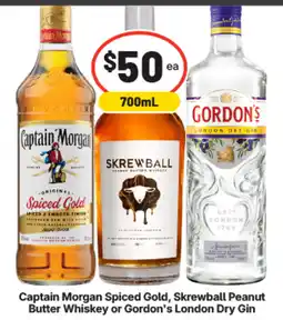 IGA Liquor Captain Morgan Spiced Gold, Skrewball Peanut Butter Whiskey or Gordon's London Dry Gin offer