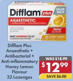 Pharmacy4Less Difflam Plus Anaesthetic + Antibacterial + Anti-inflammatory Honey Lemon Flavour 32 Lozenges offer