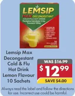 Pharmacy4Less Lemsip Max Decongestant Cold & Flu Hot Drink Lemon Flavour 10 Sachets offer