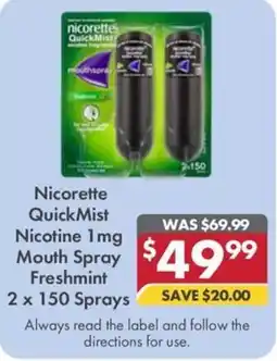 Pharmacy4Less Nicorette QuickMist Nicotine 1mg Mouth Spray Freshmint 2 x 150 Sprays offer