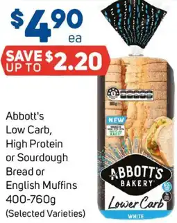 Foodland Abbott's Low Carb, High Protein or Sourdough Bread or English Muffins offer