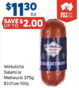 Foodland Wintulichs Salami or Mettwurst offer
