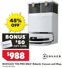 Harvey Norman ECOVACS 'T50 PRO MAX' Robotic Vacuum and Mop offer