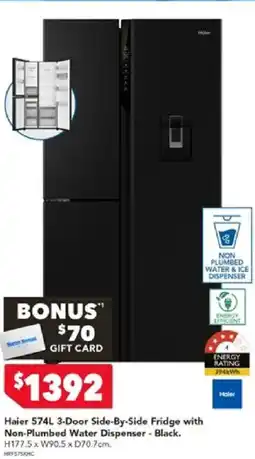 Harvey Norman Haier 574L 3-Door Side-By-Side Fridge with Non-Plumbed Water Dispenser - Black offer