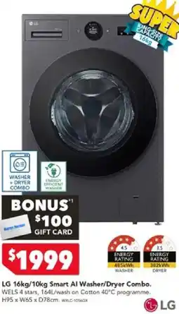 Harvey Norman LG 16kg/10kg Smart Al Washer/Dryer Combo offer