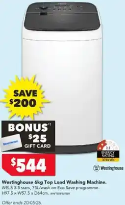 Harvey Norman Westinghouse 6kg Top Load Washing Machine offer