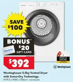 Harvey Norman Westinghouse 5.5kg Vented Dryer with SensorDry Technology offer