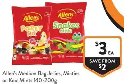 Foodworks Allen's Medium Bag Jellies, Minties or Kool Mints offer