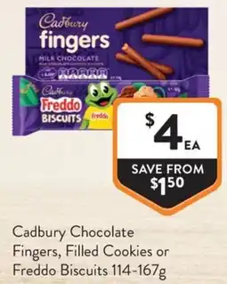 Foodworks Cadbury Chocolate Fingers, Filled Cookies or Freddo Biscuits offer